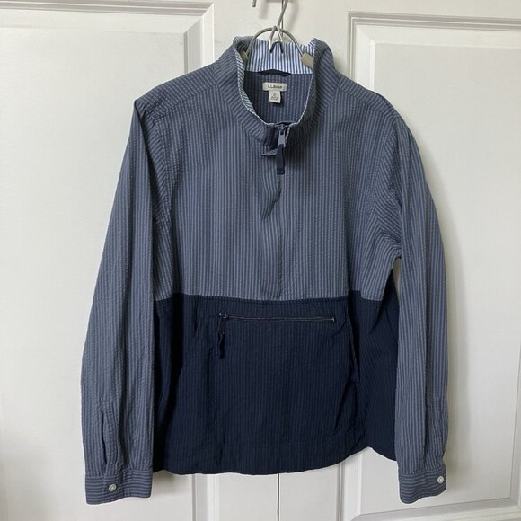 L.L. Bean Vacationland Seersucker Anorak Womens M Blue Stripe 1/2 Zip - Picture 1 of 12